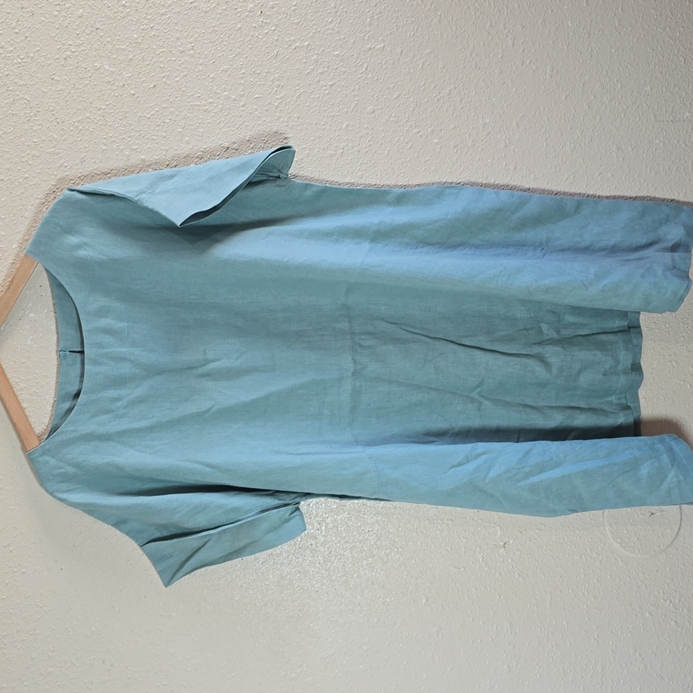 Blue Sheep Teal Short Sleeve Linen Dress